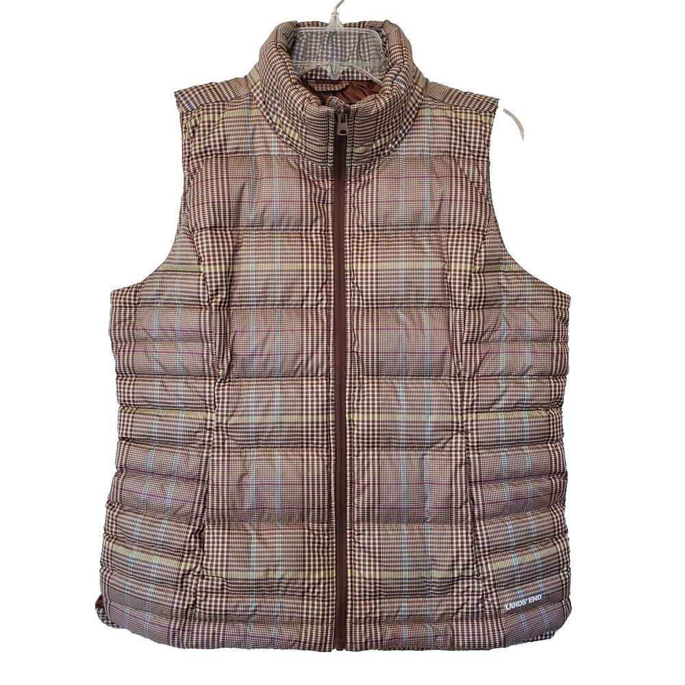 Lands End Jacket Womens M Puffer Vest Brown Plaid Down Filled Lined‎ Full Zip